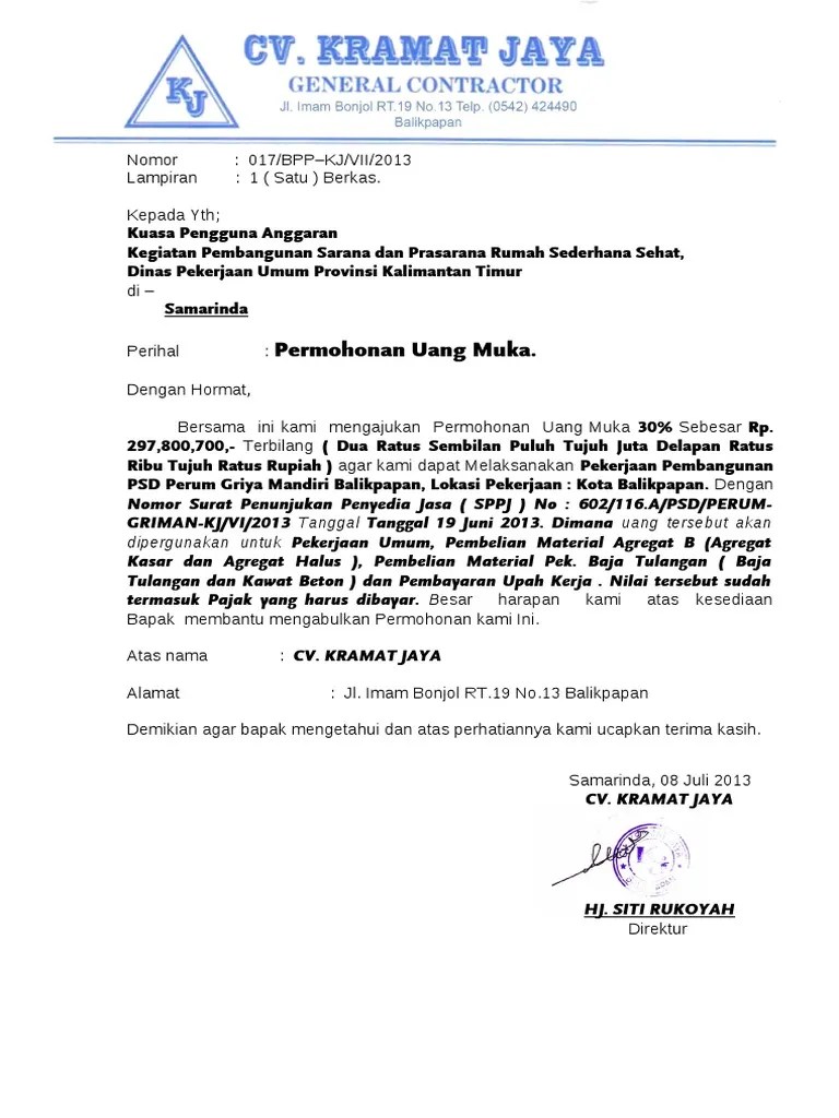 Contoh Surat Permohonan Pembayaran Uang Muka Kumpulan Surat Penting 