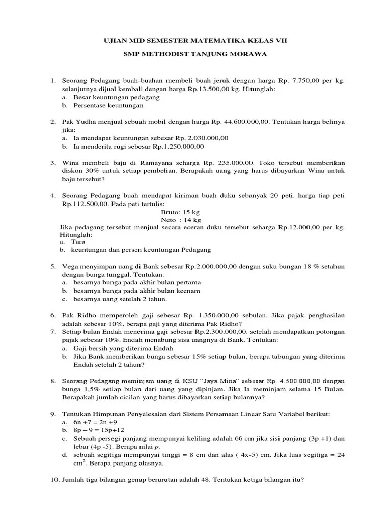 Bacalah dengan teiti dan kerjakan lebih dahulu soal yang dianggap . Soal Mid Semester Genap Matematika Kelas Vii Pdf