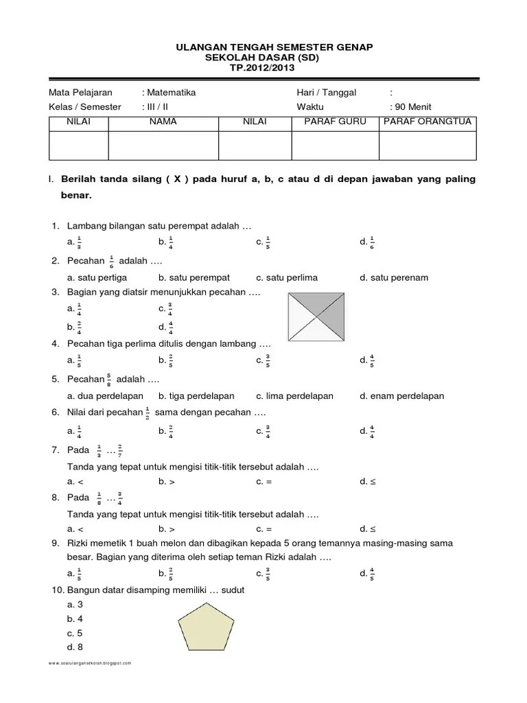 2 x 35 menit tanggal : Contoh Soal Matematika Kelas 3 Sd Pecahan Soal Kelasmu