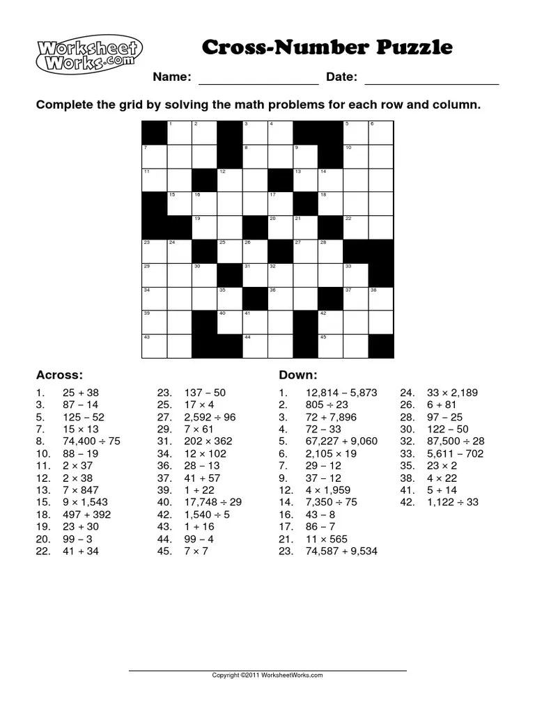 Worksheetworks cross-number puzzle 1