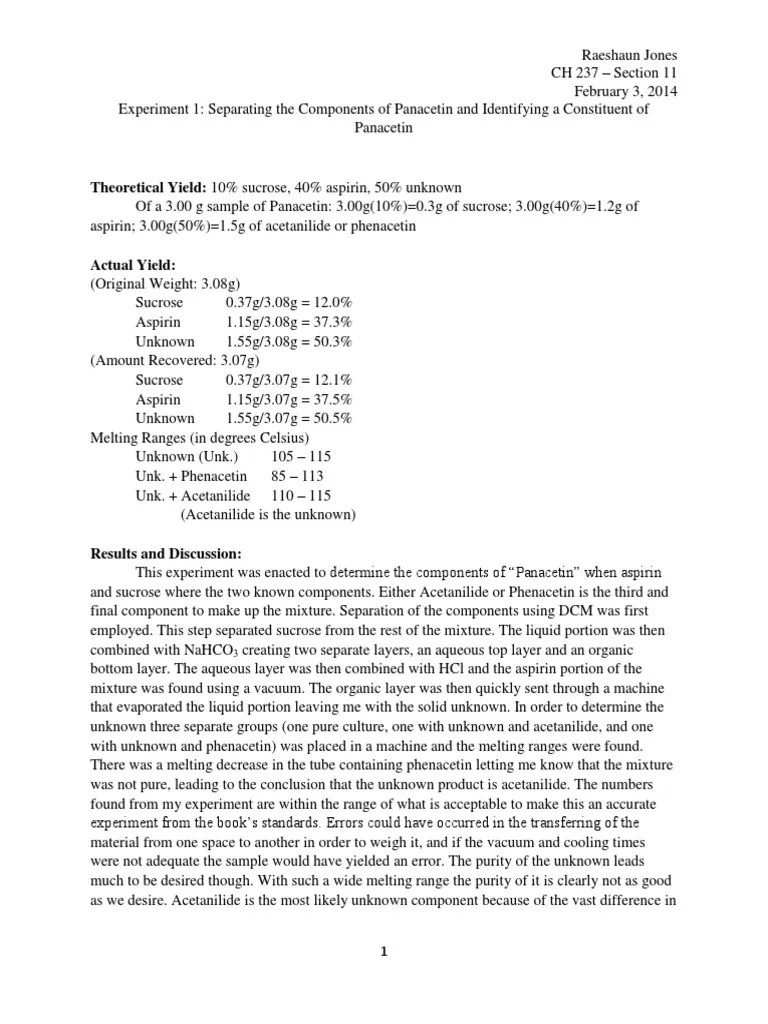 Lab Report 2 2 Docx Separating The Ponents Of Panacetin And Identifying A Constituent Data Data Analysis Calculations The First Calculation That Course Hero 