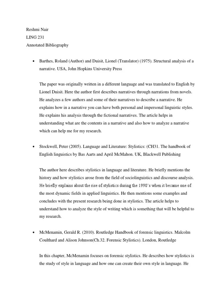 Annotated Bibliography | Narrative | Linguistics