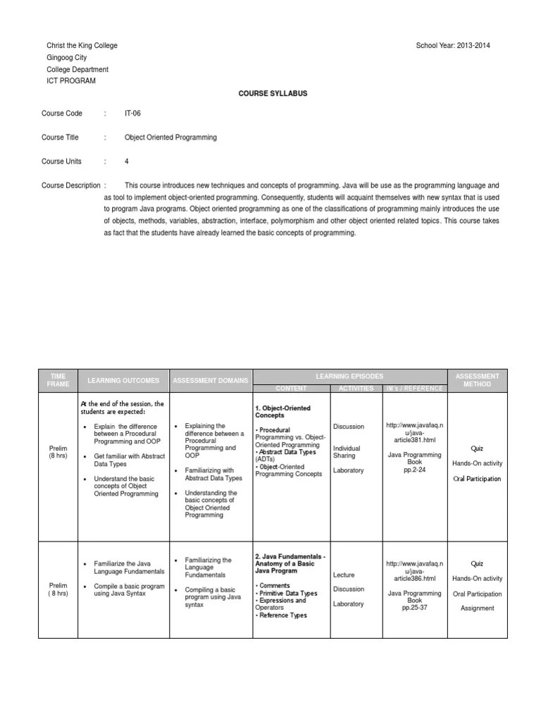 Object Oriented Programming In Java: A Course Syllabus For Christ The ...