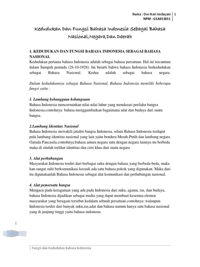 Kedudukan Dan Fungsi Bahasa Indonesia Sebagai Bahasa Nasional | PDF