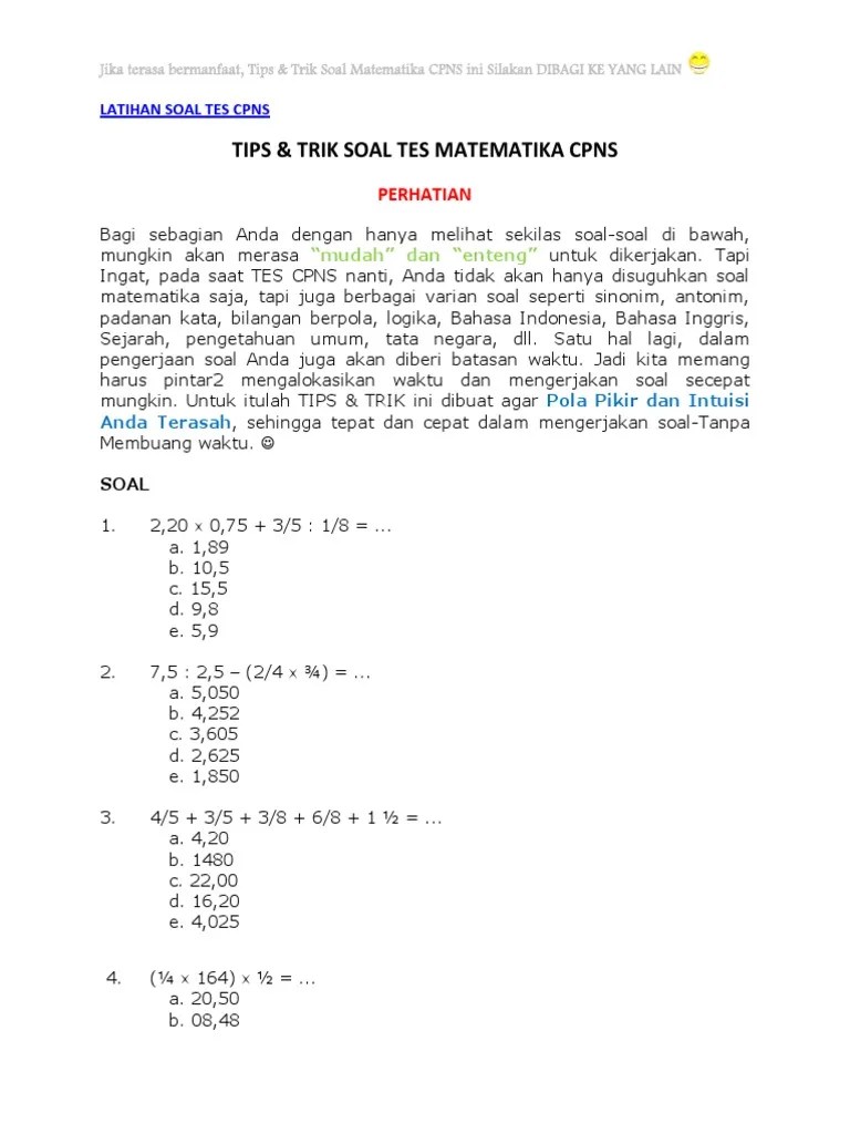 Soal Matematika Tes Cpns Tkd Jawabanku Id Kisi-kisi soal CPNS 2021 Seleksi Kompetensi Dasar SKD sendiri terdiri dari Tes Wawasan Kebangsaan TWK Tes Intelegensia Umum TIU dan Tes Karakteristik Pribadi TKP.