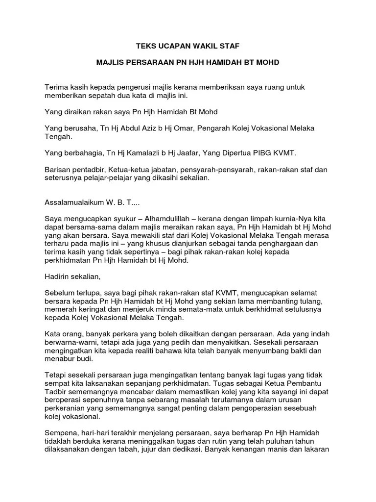 Kakitangan usim telah menerima jemputan bagi mengikuti program di bawah anjuran majlis profesor negara. Teks Ucapan Wakil Staf Pdf