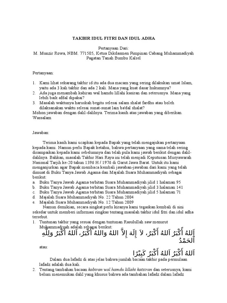 Fatwa Tarjih Muhammadiyah Takbir Idul Fitri Dan Idul Adha
