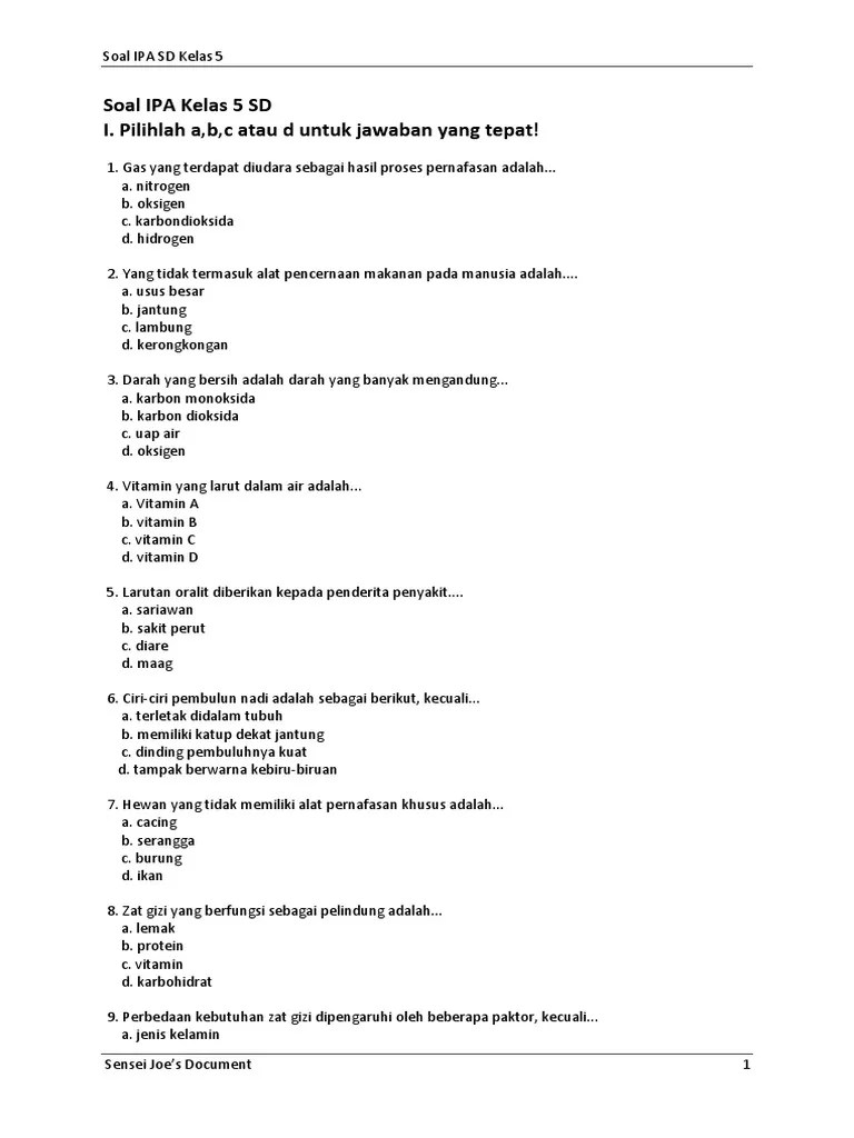 Soal dan kunci jawaban uts pts ipa kelas 5 sd mi kurikulum 2013 semester i tahun ajaran 2021 2022. Soal Ipa Kelas 5 Sd Ulangan Harian Pdf