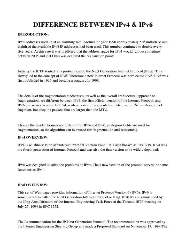 Difference Between IPv4 And IPv6 | PDF | I Pv6 | Ip Address