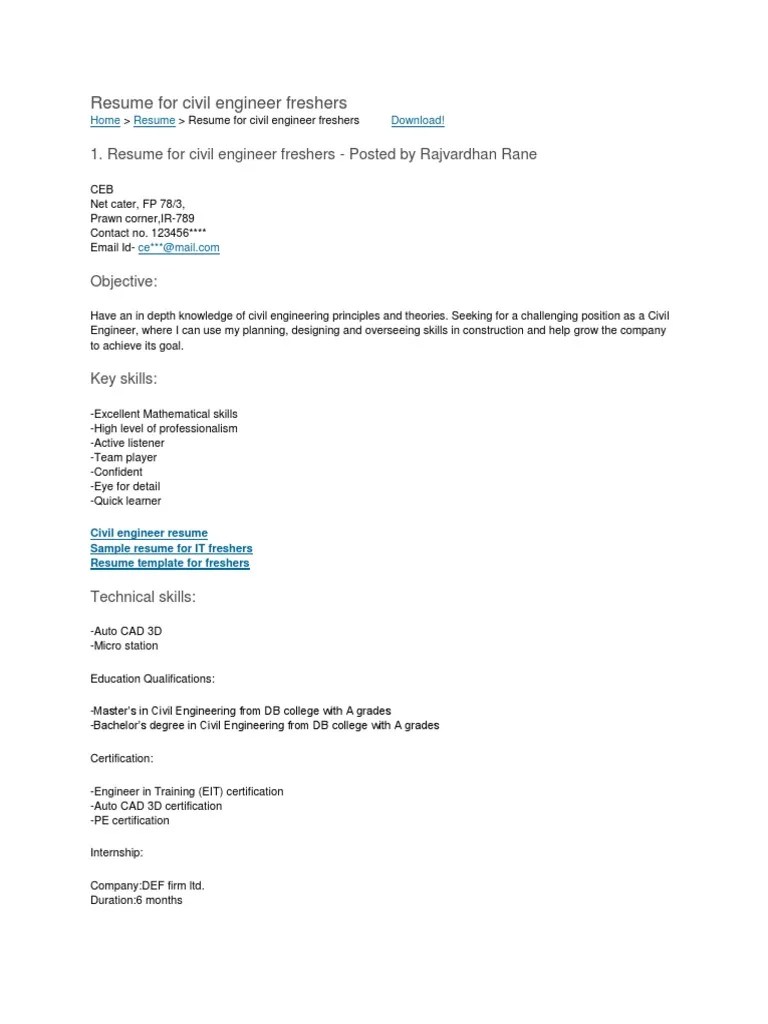 A brilliant resume is indispensable along with the guidance of experts, especially if you are a fresher. Resume Format Pdf Engineering Civil Engineering