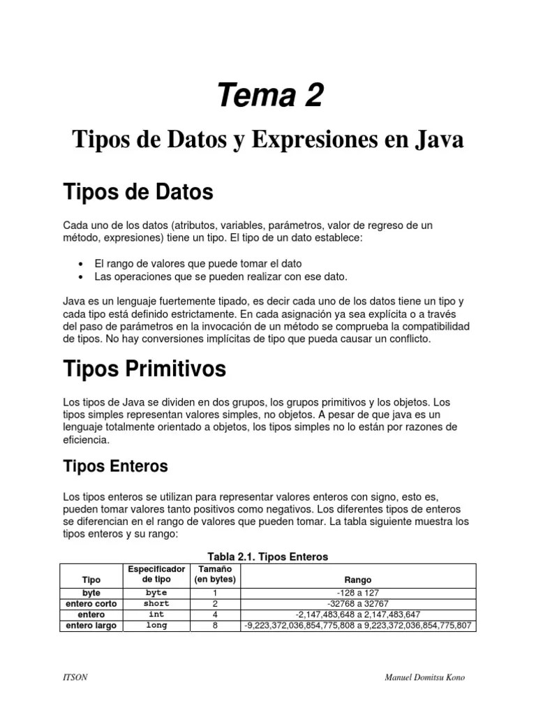 Tema 2 - Tipos De Datos Y Expresiones En Java | PDF | Tipo De Datos ...