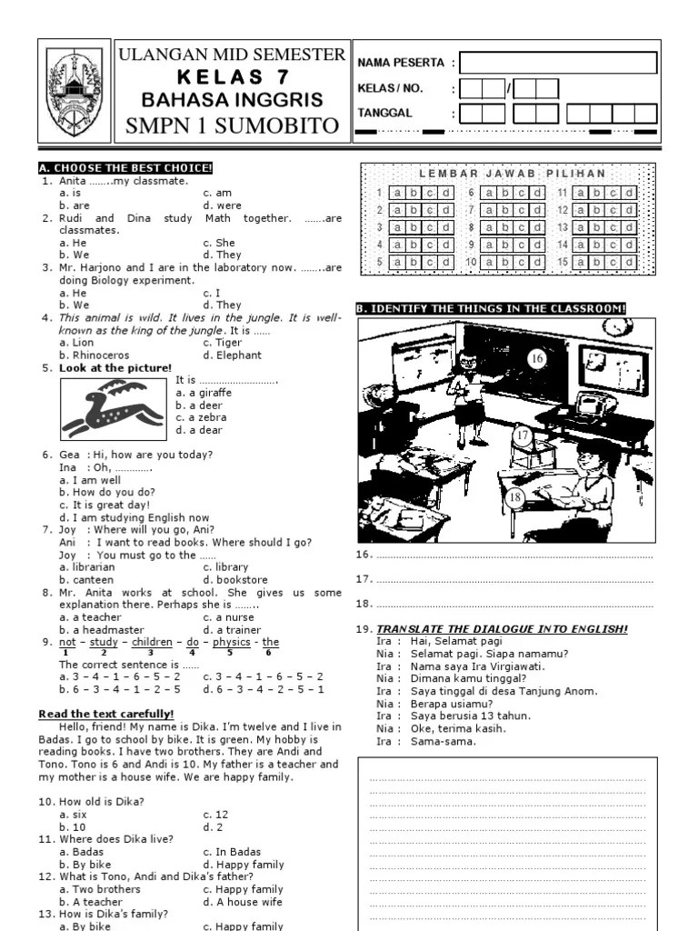Mid Test Ganjil 2009 Kelas 7 SMPN 1 SUMOBITO | PDF