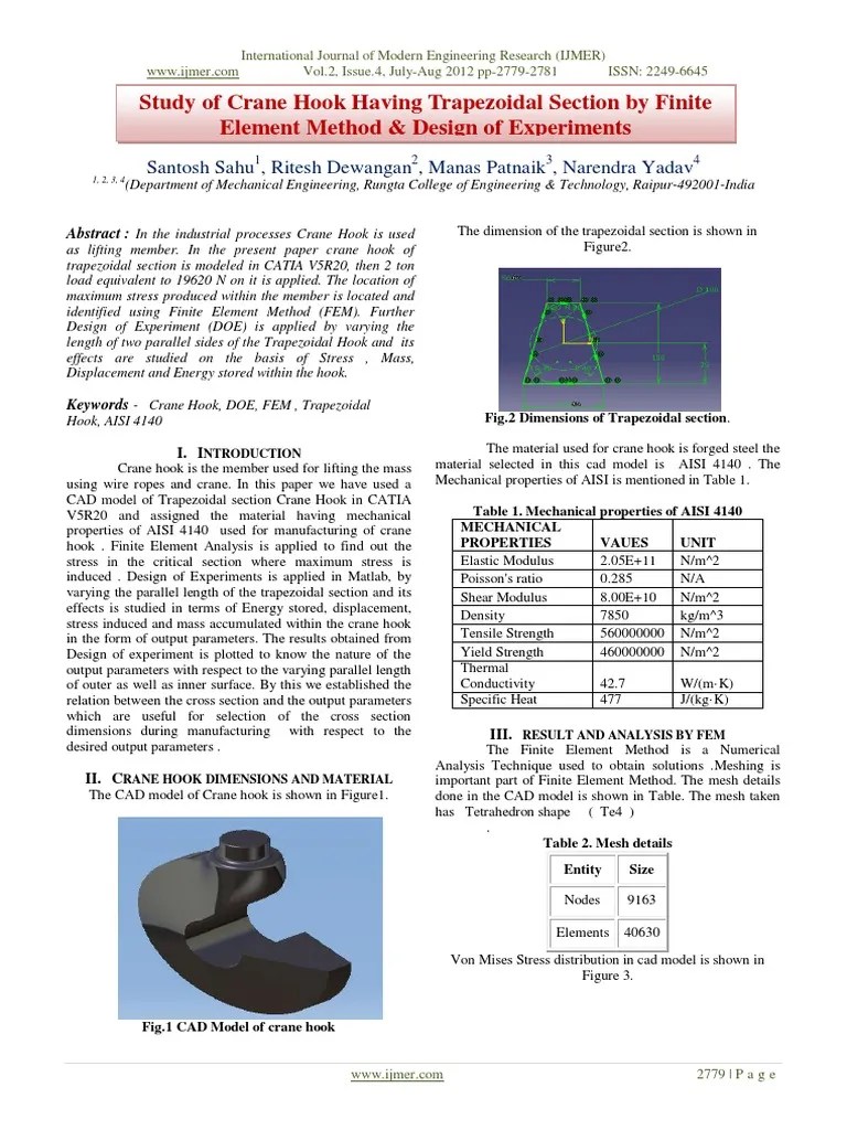 Study Of Crane Hook Having Trapezoidal Section By Finite | PDF | Strength Of Materials | Finite ...