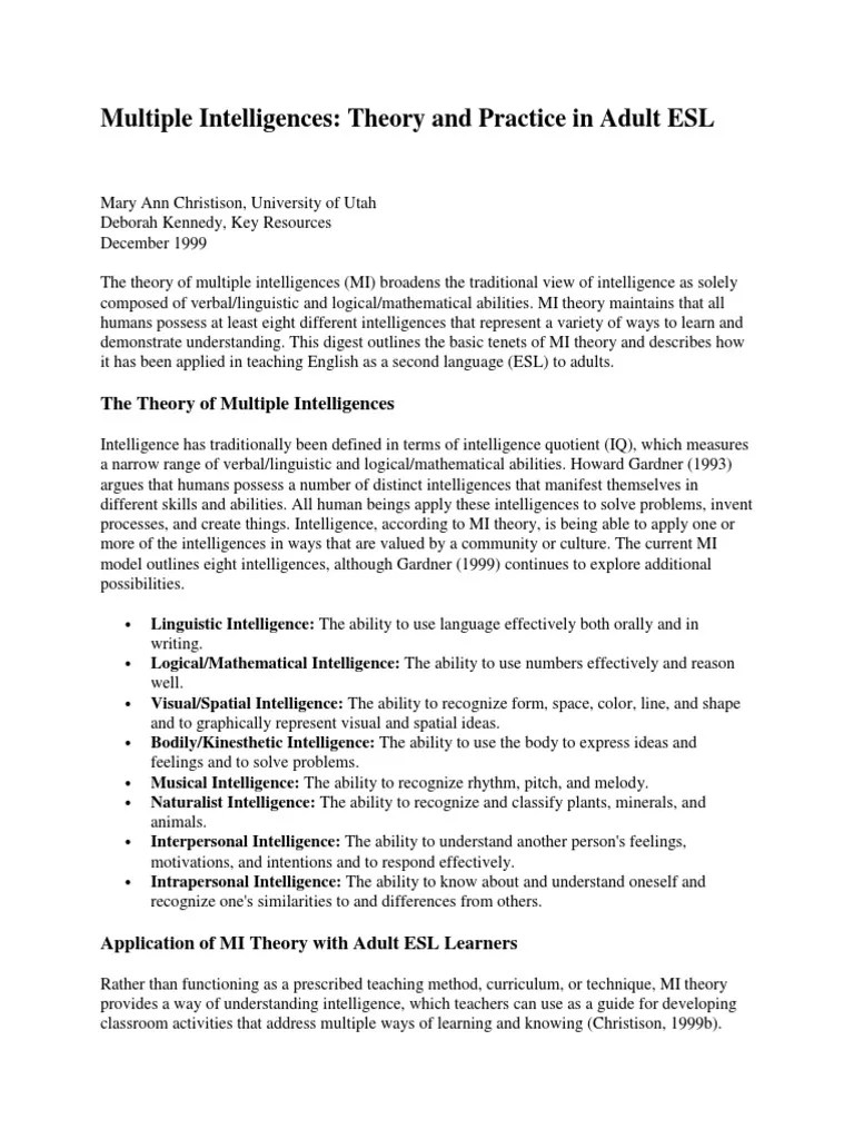 Multiple Intelligences | PDF | Intelligence | English As A Second Or ...