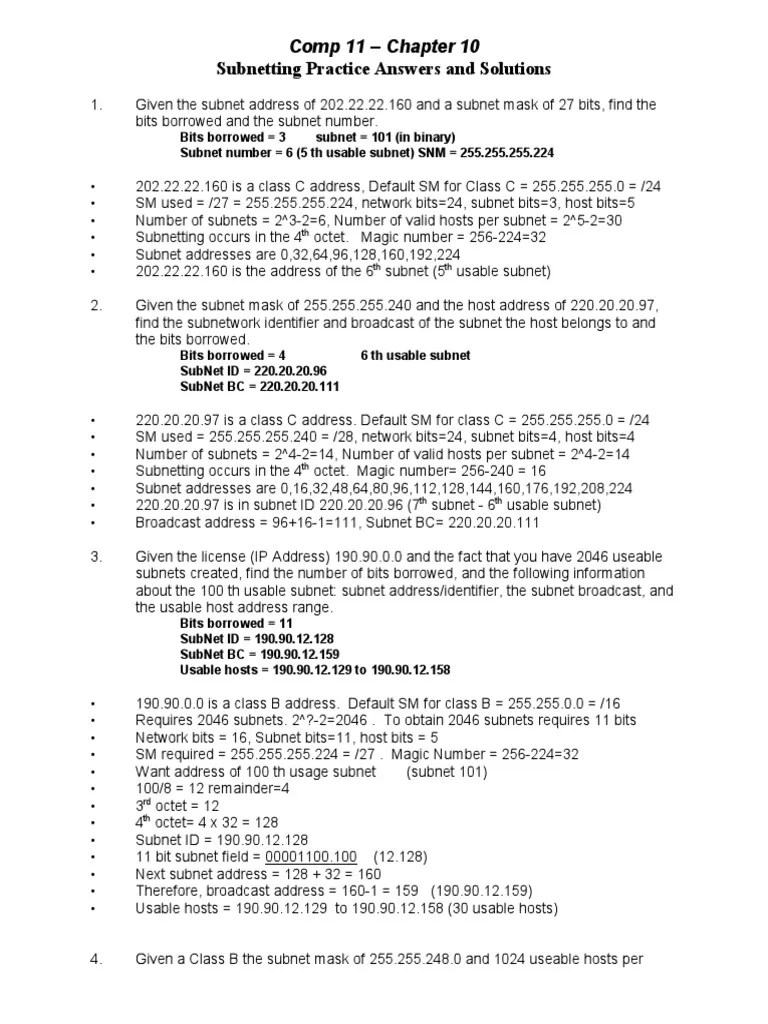 Subnetting Practice Answers And Solutions: Comp 11 - Chapter 10 | PDF ...