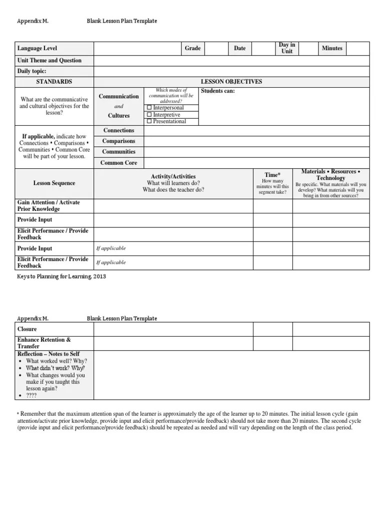 Blank Lesson Plan Template Keys For Language Learning | PDF