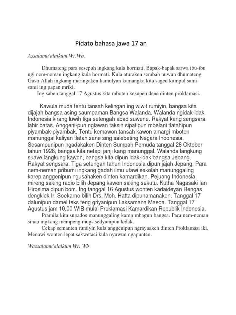 Pidato Bahasa Jawa 17 Agustus Singkat Informasi Undangan yang kami bagikan semoga menjadi informasi terbaik dan bisa benrmanfaat untuk semua khususnya informasi tentang Contoh Pranatacara Ulang Tahun Ana Bahasa Jawa Terbaru 2020 Yang semuanya kami kumpulkan dengan.