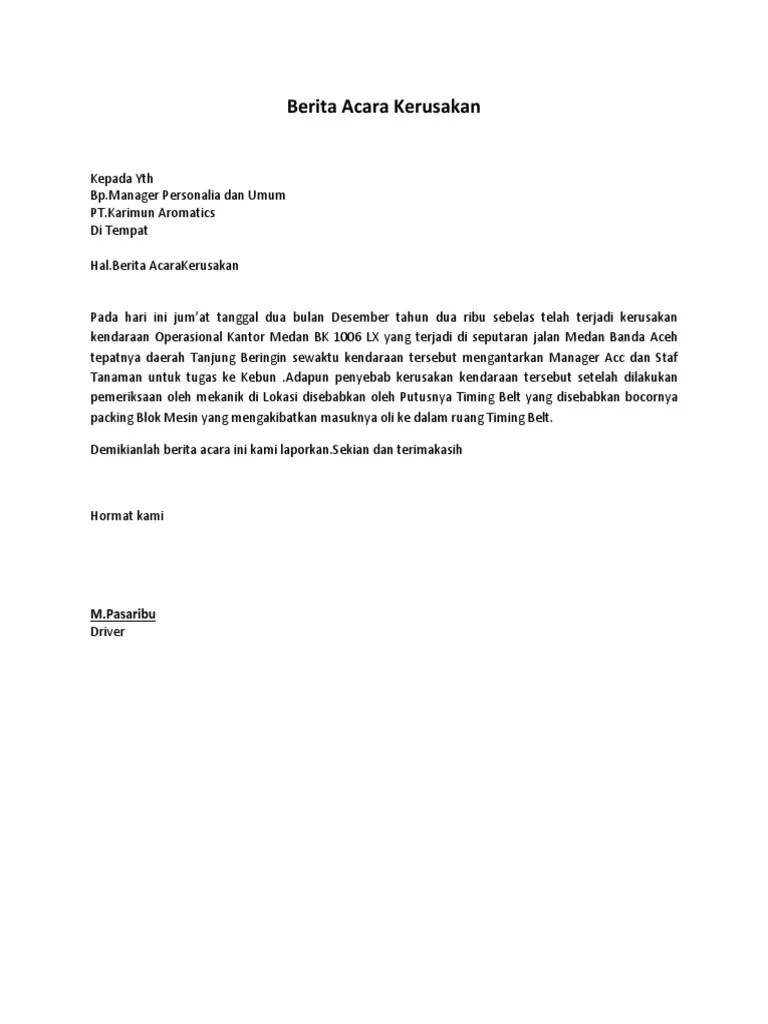 Contoh format berita acara persetujuan kemajuan pelaksanaan pekerjaan [untuk pembayaran. Berita Acara Kerusakan Pdf