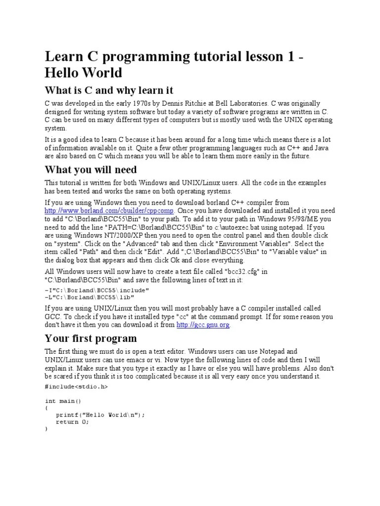 Learn C Programming Tutorial Lesson 1 Hello World | Download Free PDF ...
