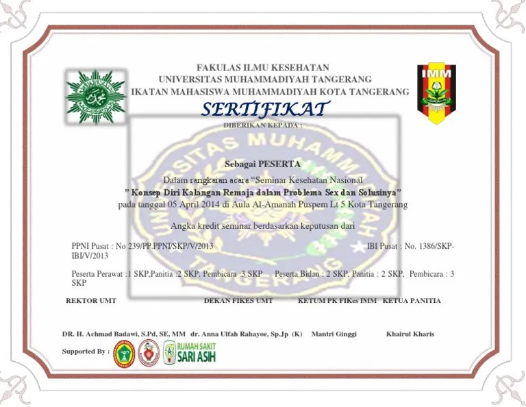 Contoh Sertifikat Seminar Kesehatan Nasional | PDF