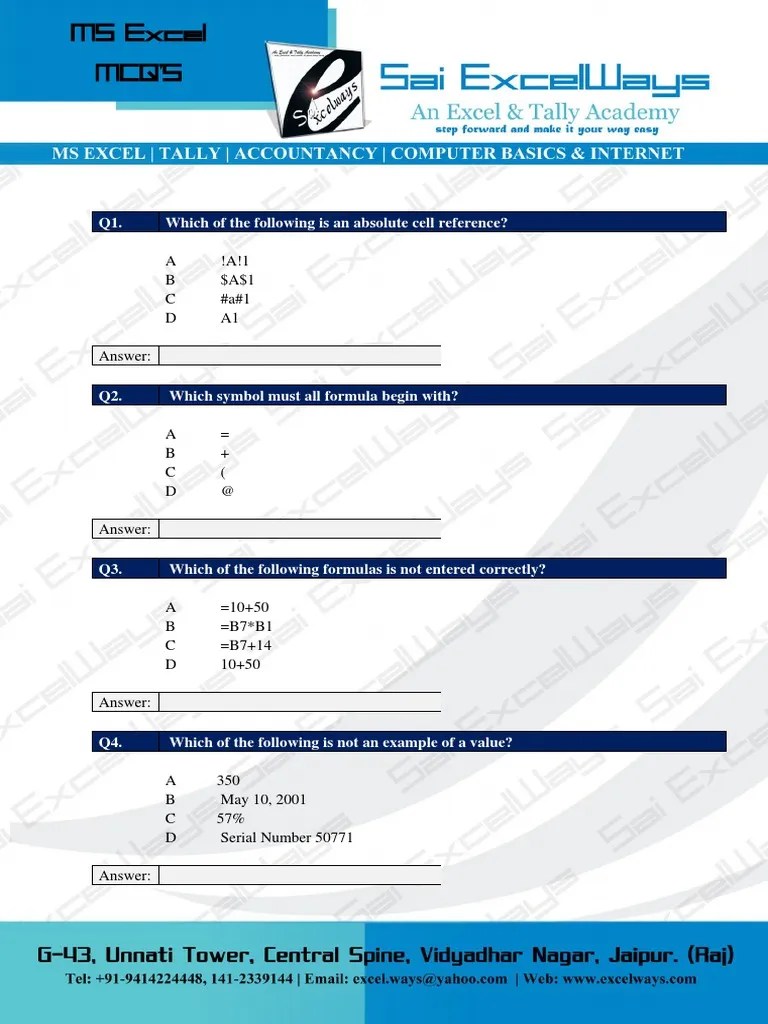 MS Excel MCQ 25 | Download Free PDF | Microsoft Excel | Software