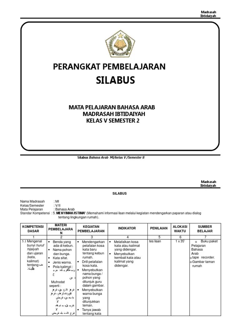bahasa arab kelas ix semester 1 2. Silabus Mi Bahasa Arab 5 Smt 2