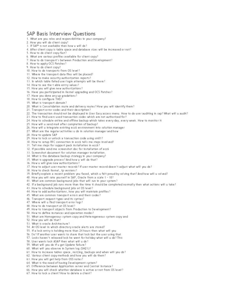 SAP Basis Interview Questions And Answers | PDF | Oracle Database ...