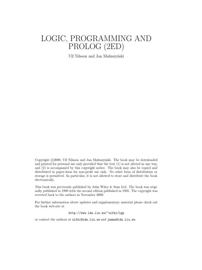 Logic, Programming, And Prolog (2nd Ed) - Ulf Nilsson, Jan Maluszynski ...