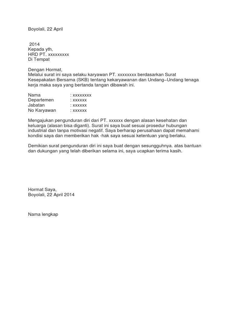 Simak contoh surat pengunduran diri dari pekerjaan yang tepat, baik dan sopan. Contoh Surat Pengunduran Diri Pdf