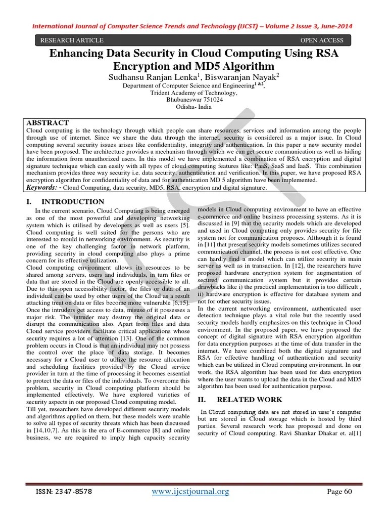 Enhancing Data Security In Cloud Computing Using RSA Encryption And MD5 Algorithm | PDF | Public ...