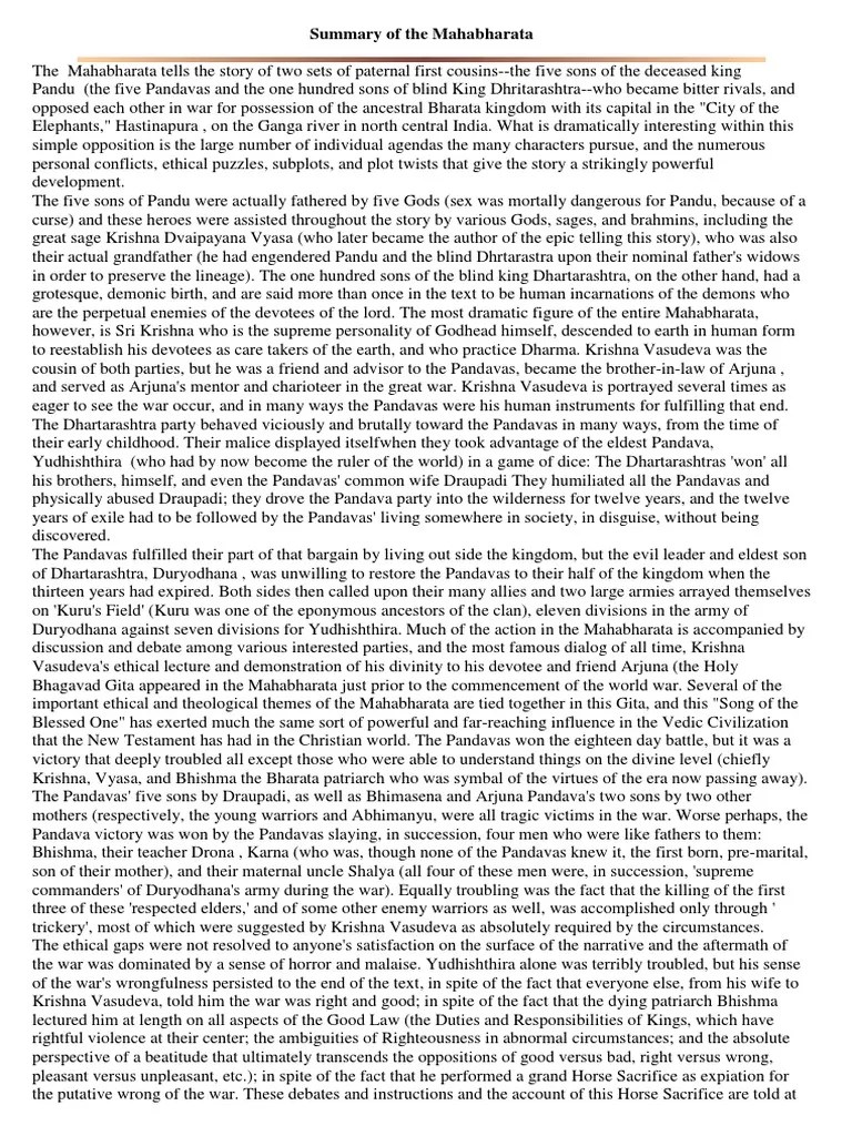 Summary Of The Mahabharata | PDF | Ramayana | Rama