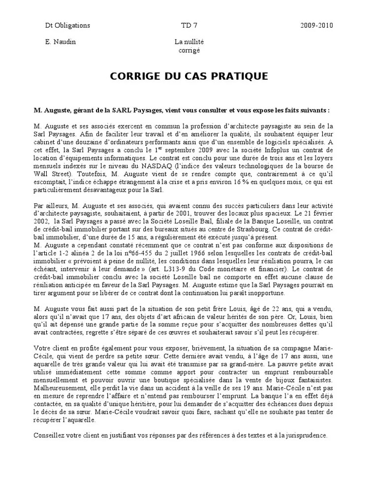 Correction du cas pratique n°1 · solution en l'espèce : Exemple De Cas Pratique CorrigÃ© En Droit Des Obligations - Exemple de