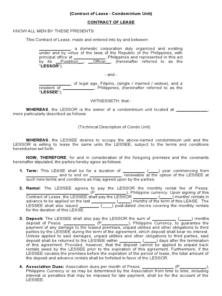 Contract Of Lease (Condominium Unit) | PDF | Lease | Law Of Obligations