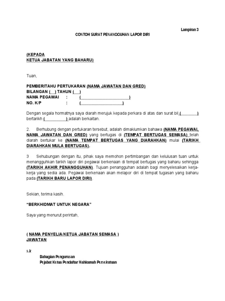 Arahan kehadiran bertugas pegawai perkhidmatan awam … Contoh Surat Lapor Diri Bertugas Tengok Letter Website