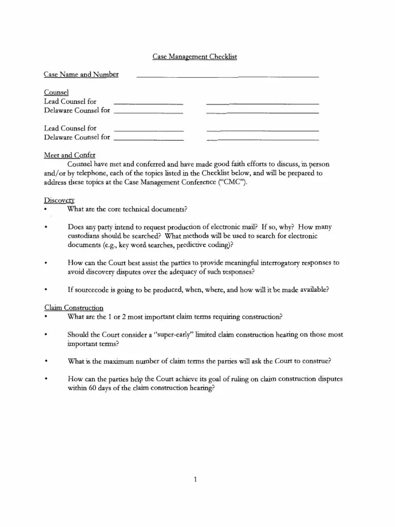 Case Management Checklist | PDF | Discovery (Law) | Injunction