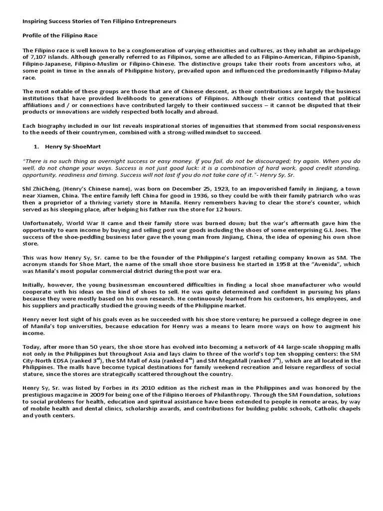 Inspiring Success Stories Of Ten Filipino Entrepreneurs | PDF | Retail | Business