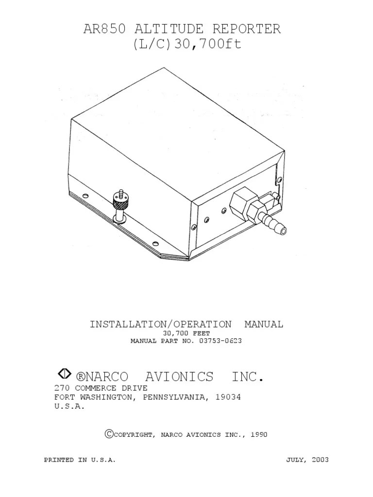 Operation and installation manual (pdf). Narco Avionics Ar850 15pin Manual Pdf Altimeter Transponder Aeronautics