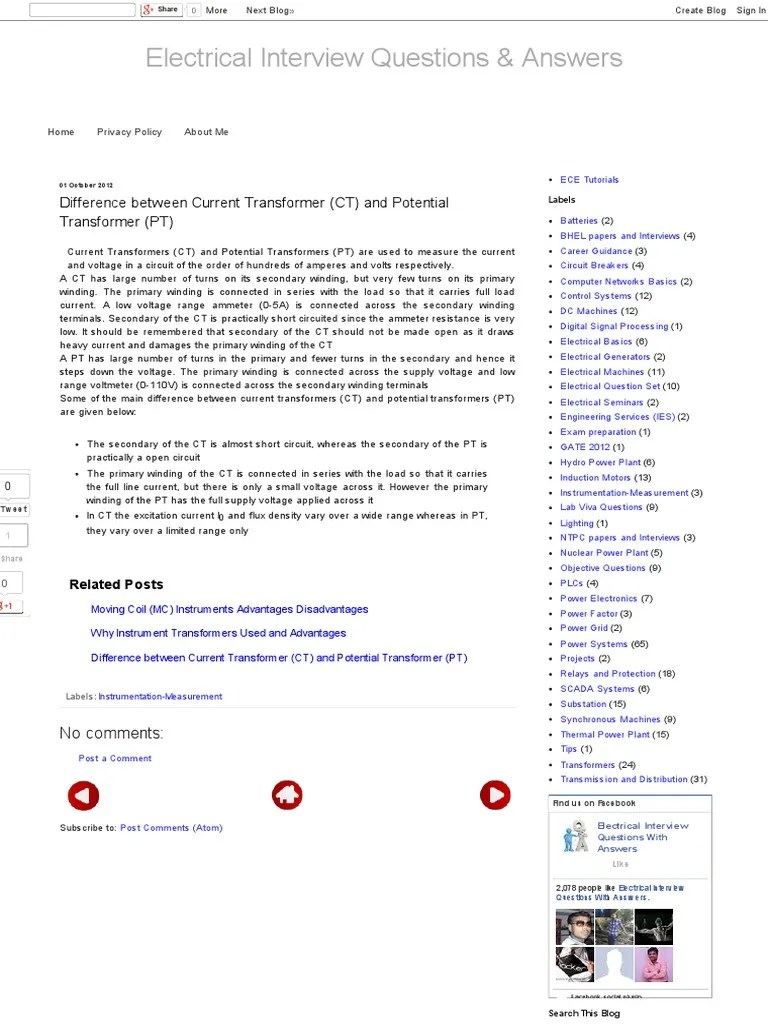 Difference Between Current Transformer (CT) And Potential Transformer ...