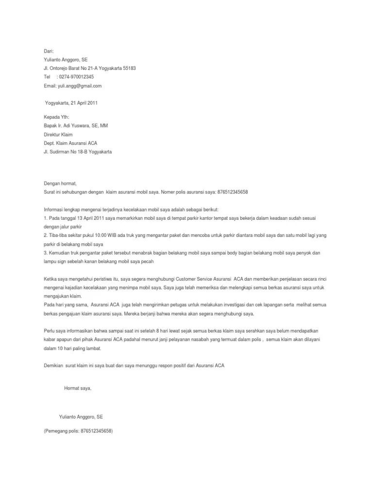 Contoh Surat Klaim Mobil | PDF