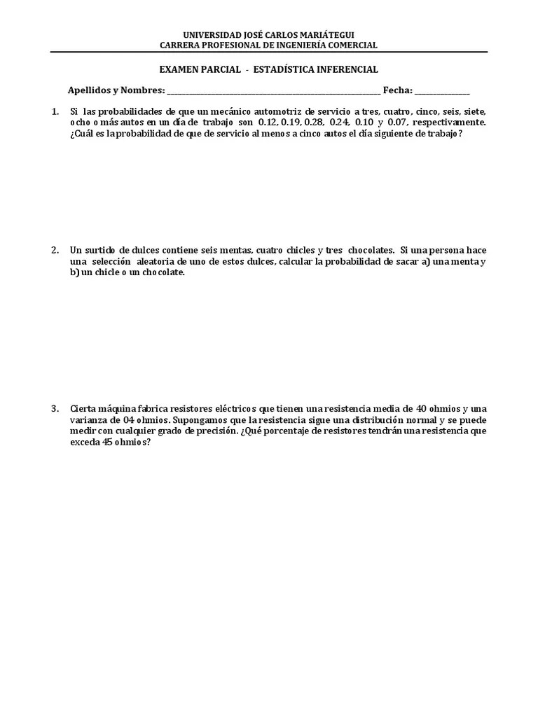 EXAMEN PARCIAL - Estadistica Inferencial | PDF