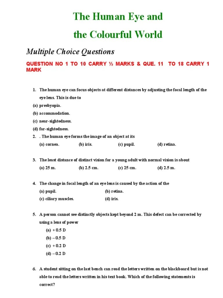 The Human Eye And The Colourful World: Multiple Choice Questions | Download Free PDF | Human Eye ...