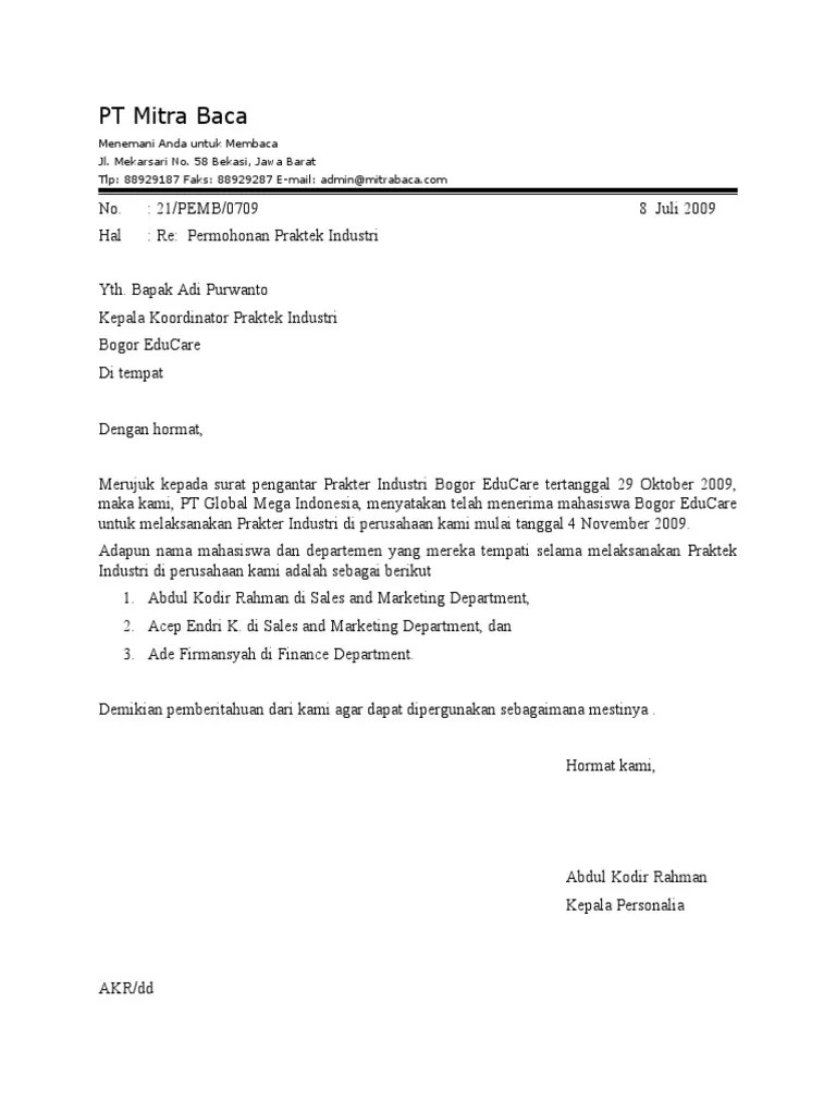 Biasanya dalam magang/kerja praktek sendiri ada beberapa jenis syarat termasuk pengiriman berkasnya lho. Surat Balasan Pkl Dari Perusahaan Doc - Bagi Contoh Surat