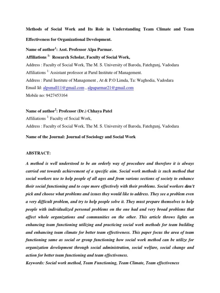 Methods Of Social Work And Its Role In Understanding Team Climate And Team Effectiveness For ...