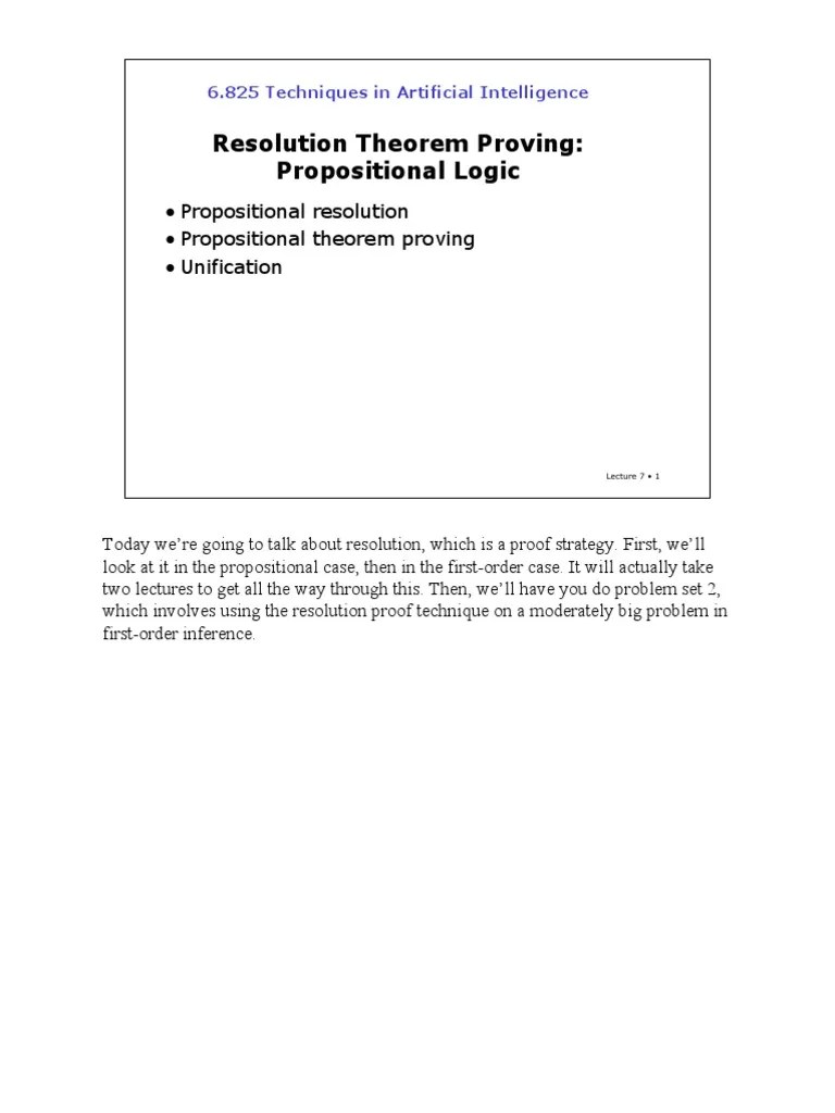 Resolution Theorem Proving: Propositional Logic: 6.825 Techniques In ...