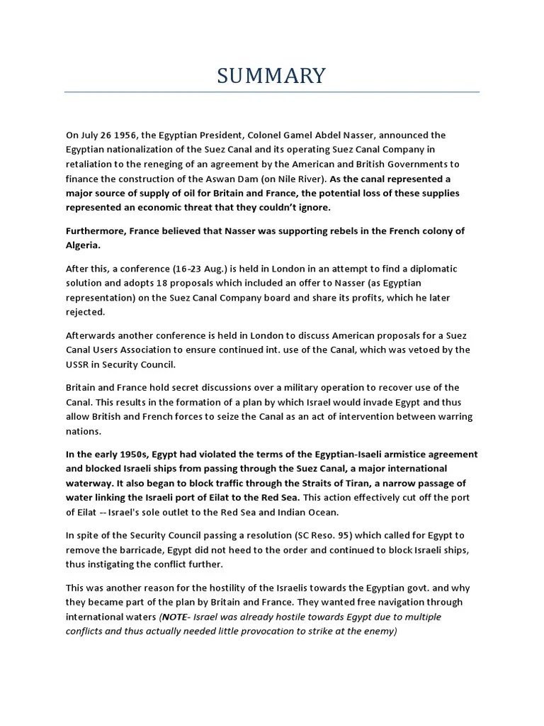 Summary Of The Suez Canal Crisis | PDF | Suez Canal | Suez Crisis