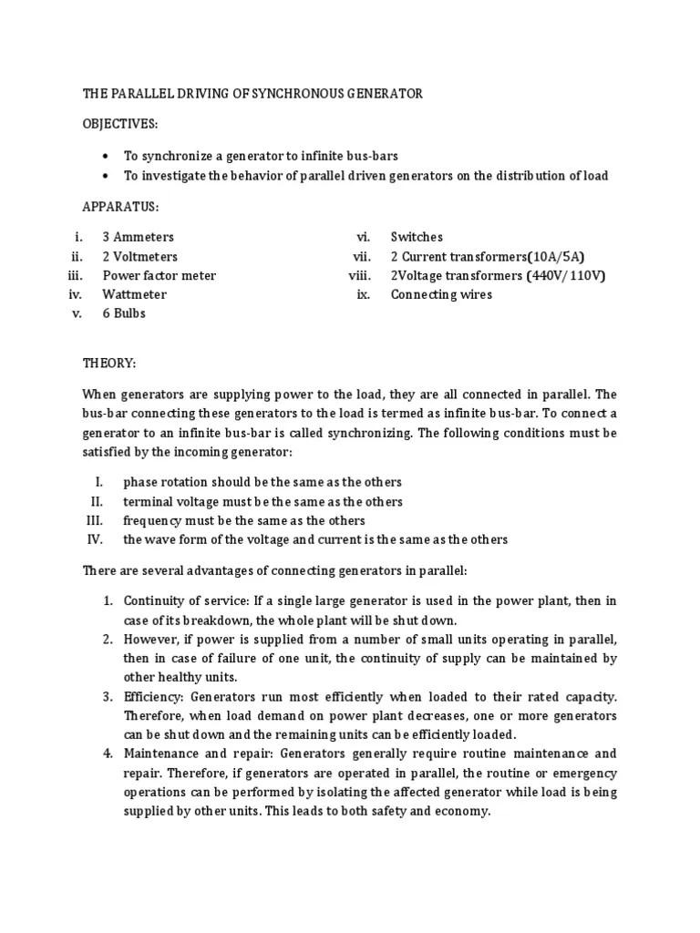 Parallel Driving Of Synchronous Generator | PDF | Ac Power | Electric Generator
