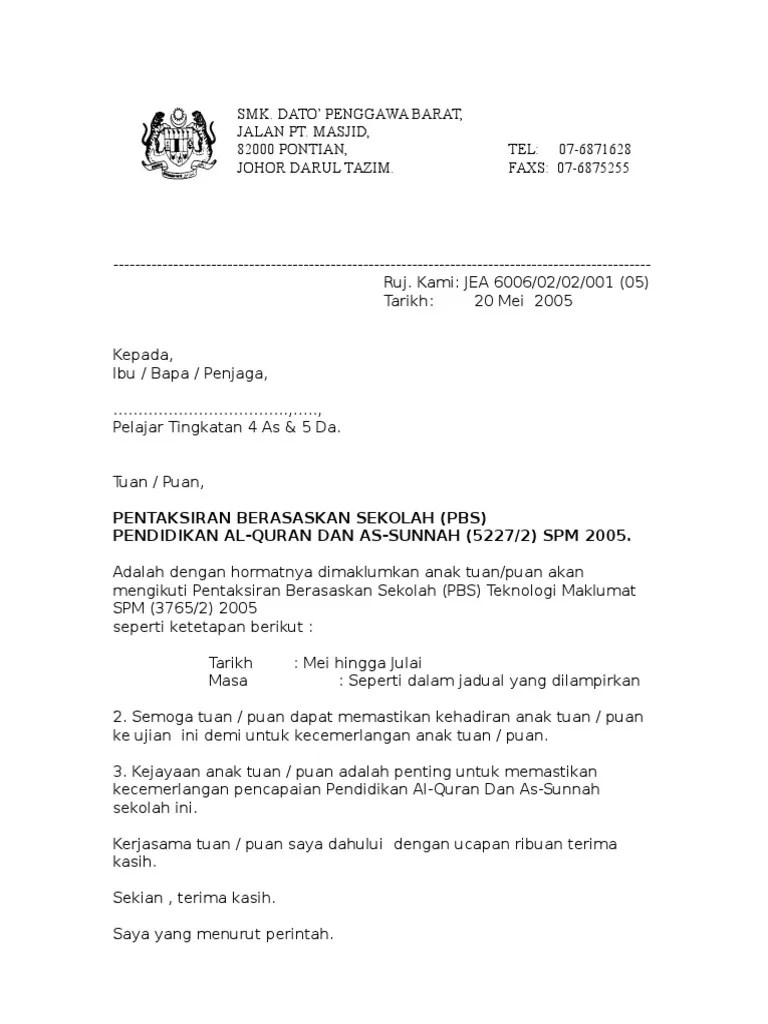 Sekiranya ibu bapa masih menghadapi masalah sebagai contoh, nombor kad. Contoh Surat Makluman Program Kepada Ibu Bapa