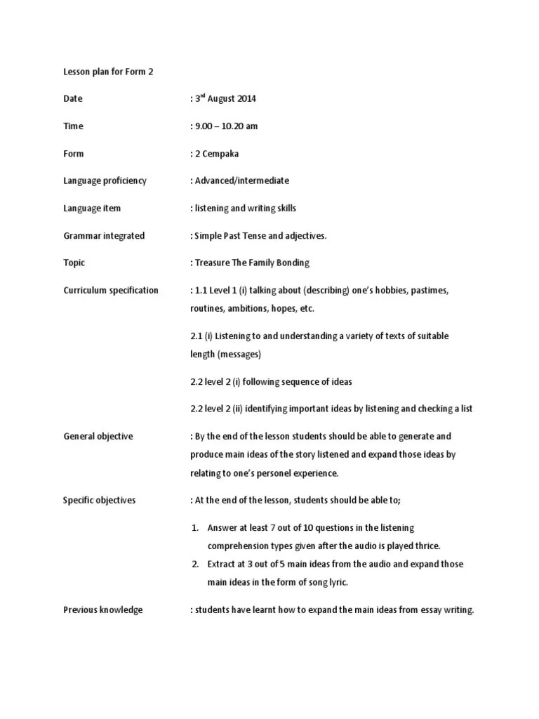 Lesson Plan For Form 2 | PDF | Reading Comprehension | Lesson Plan