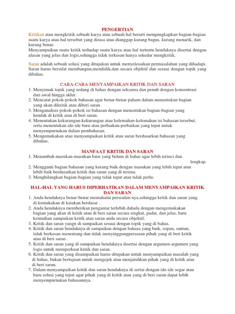 Kritik Dan Saran (B.indo - XII IPA 4 - Kelompok 2) | PDF