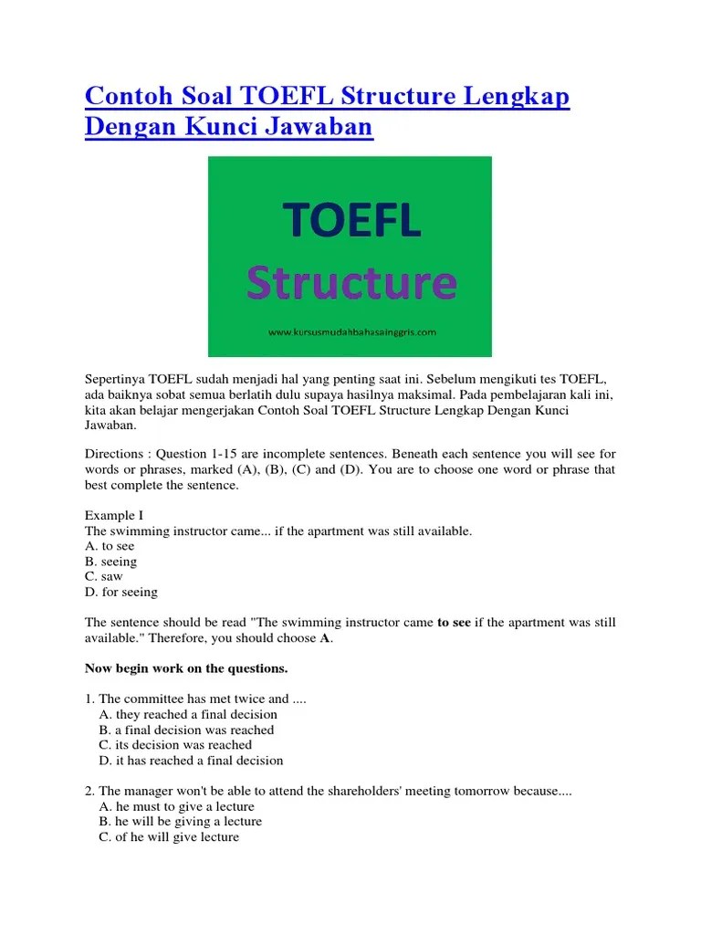 Download soal listening toefl + kunci jawaban pdf + audio. New Toefl Structure